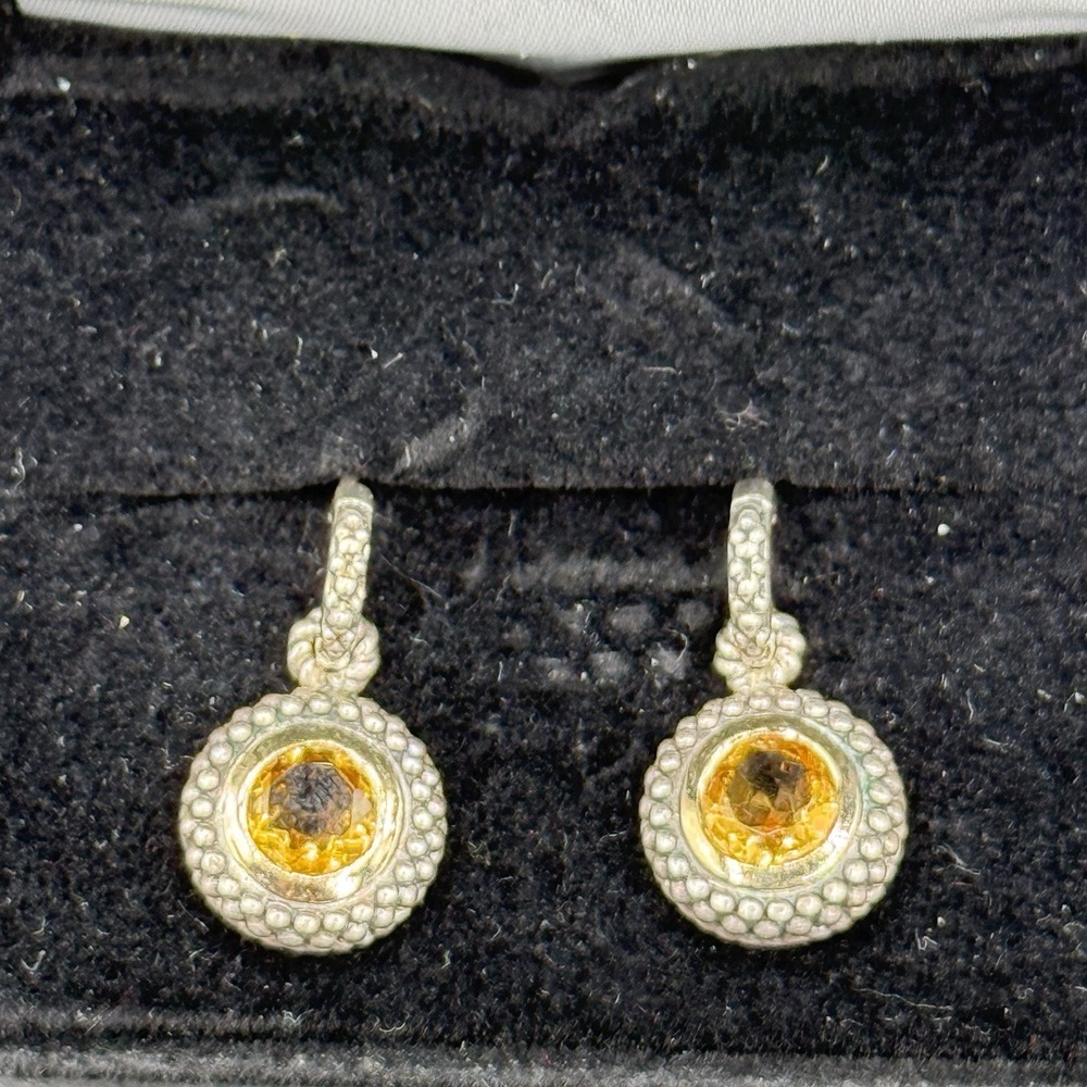 ATR 14K Gold 925 Sterling Silver Citrine Dangle Drop Earrings Caviar Beaded VTG - Picture 2 of 14